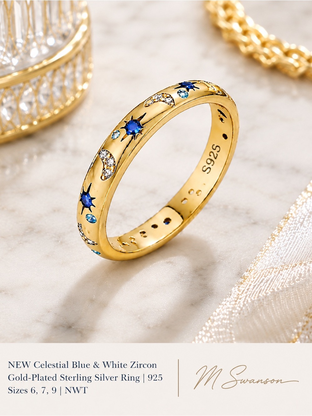 NEW Celestial Blue & White Zircon Gold-Plated Sterling Silver Ring 925 NWT